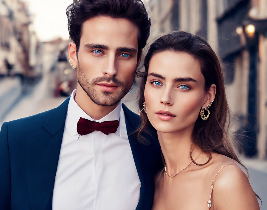 Stylish couple in formal attire on urban street