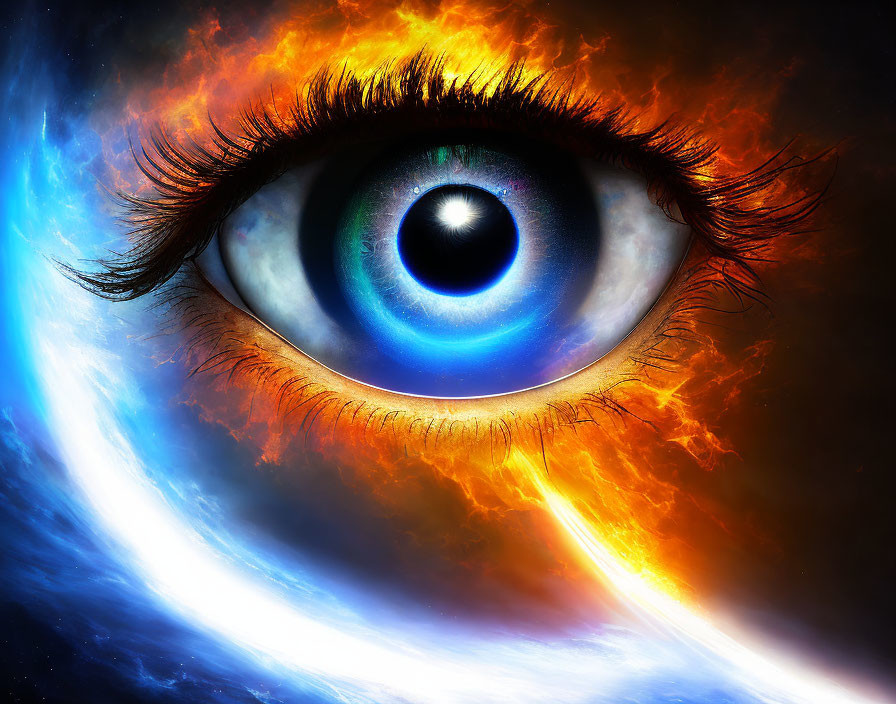 Colorful Digital Artwork: Eye with Orange Lashes, Blue Iris, Cosmic Background