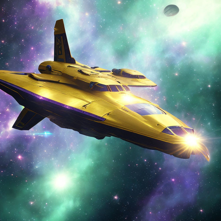 Gold Futuristic Spaceship Flying Through Starry Space