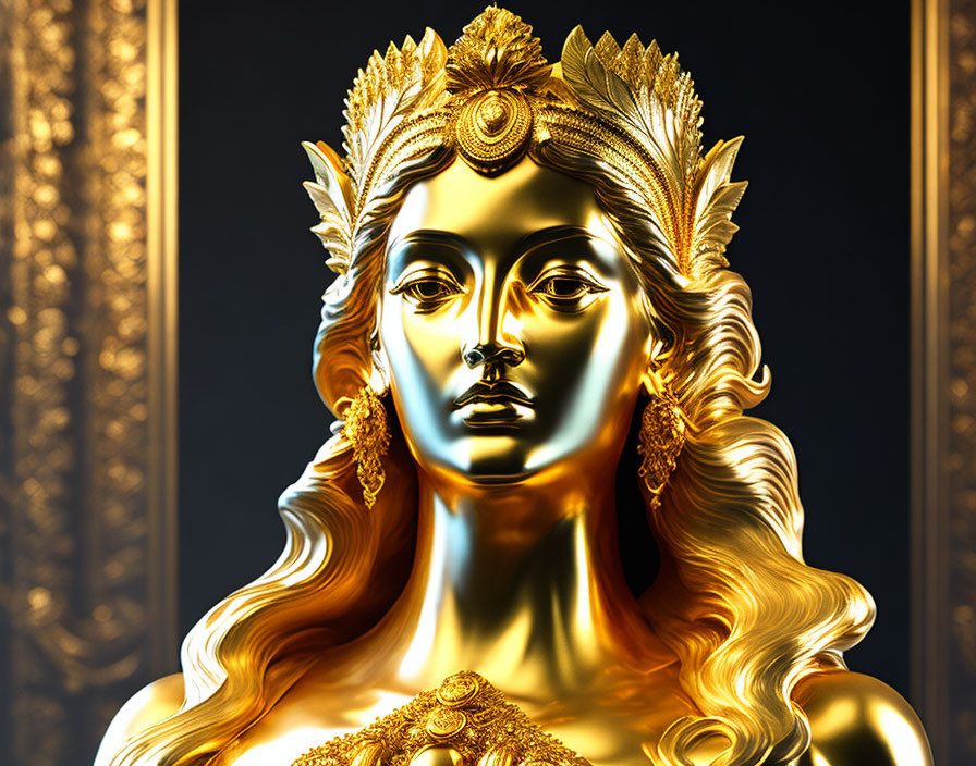 Intricate golden statue of woman with headpiece and necklace on patterned backdrop