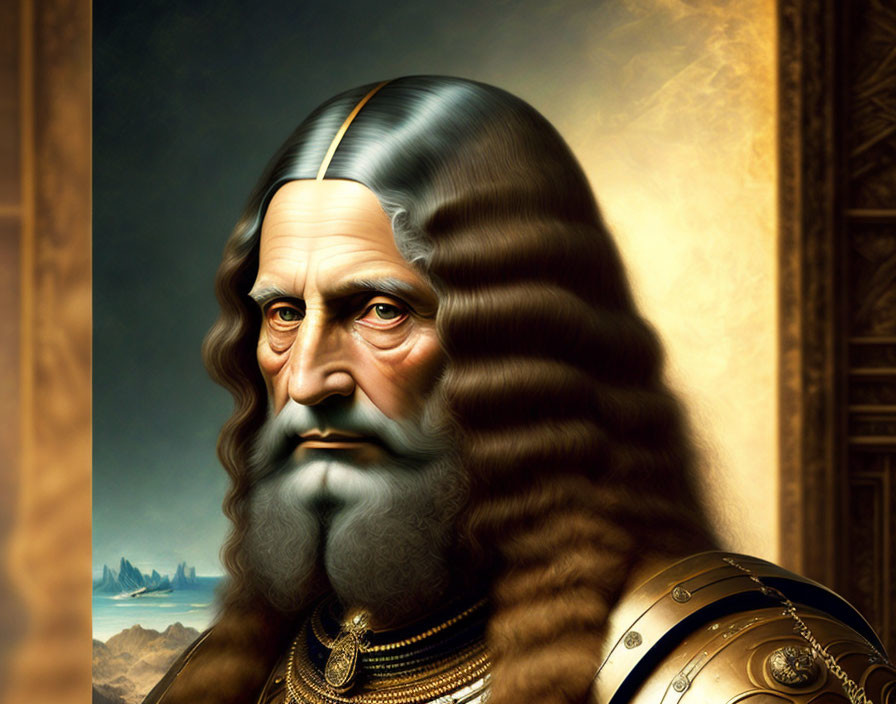 Digital painting of stern-looking bearded male in armor against classical backdrop