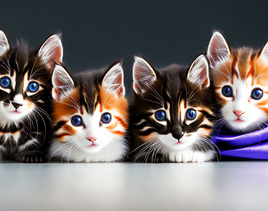 Four kittens with striking patterns and vibrant eyes on dark background