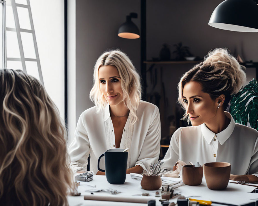 Three Women in Stylish Workspace Meeting with Coffee Mugs and Papers