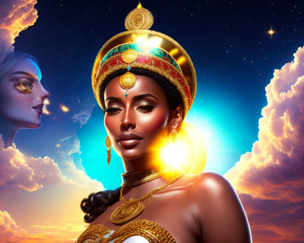 Elegant woman with golden headgear in starry sky setting