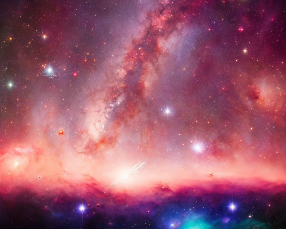 Colorful cosmic scene with pink and purple nebulae, stars, and galaxies in space