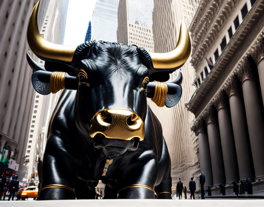 Black Bull Sculpture with Golden Horns in City Street