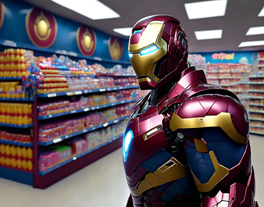 Person in Iron Man suit in vibrant supermarket aisle surrounded by products