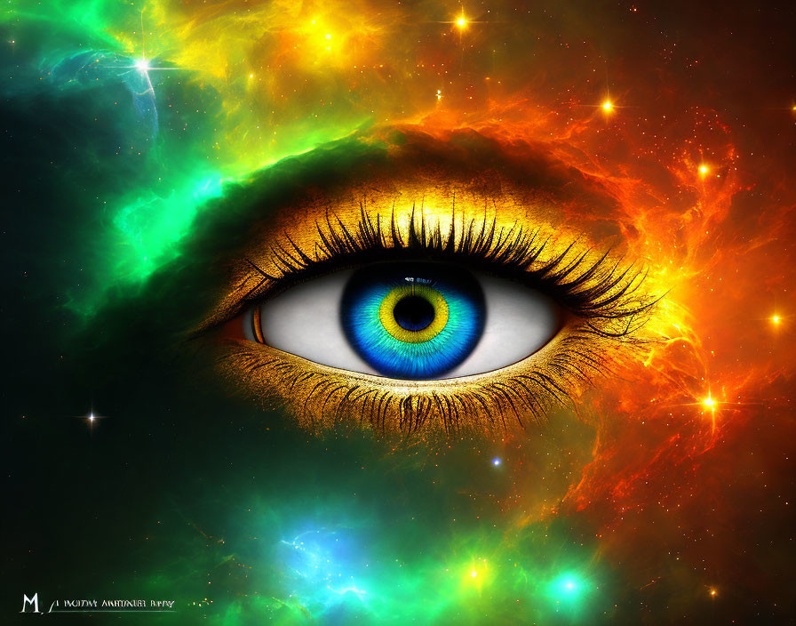 Detailed cosmic-themed digital artwork of human eye with starry, nebula colors