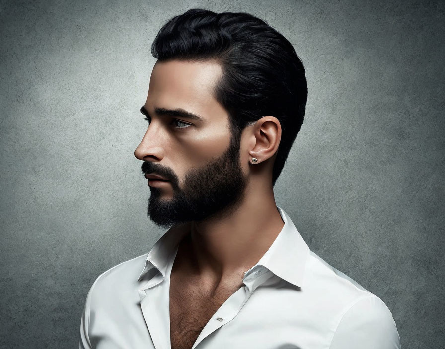 Man with Trimmed Beard and Earring in White Shirt on Gray Background