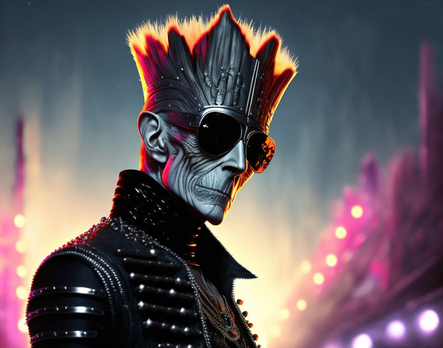 Skull-faced character with crown, sunglasses, studded jacket on vibrant backdrop