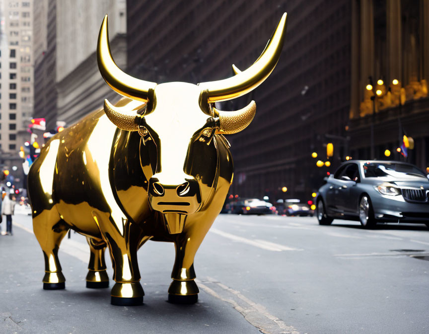 Prominent Golden Bull Statue with Large Horns on City Street