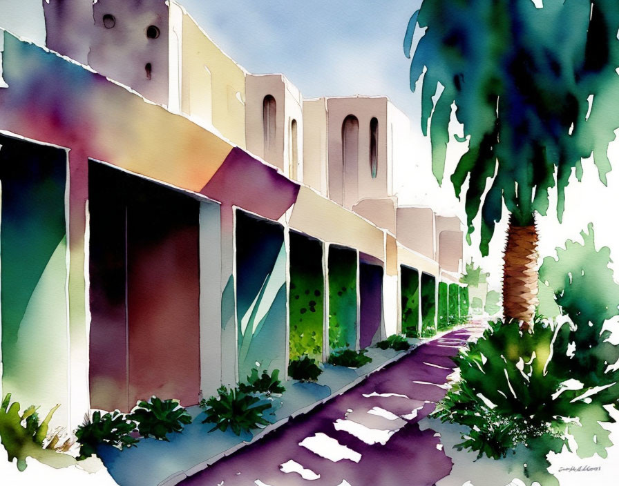 Colorful Watercolor Painting of Sunny Street and Palm Tree