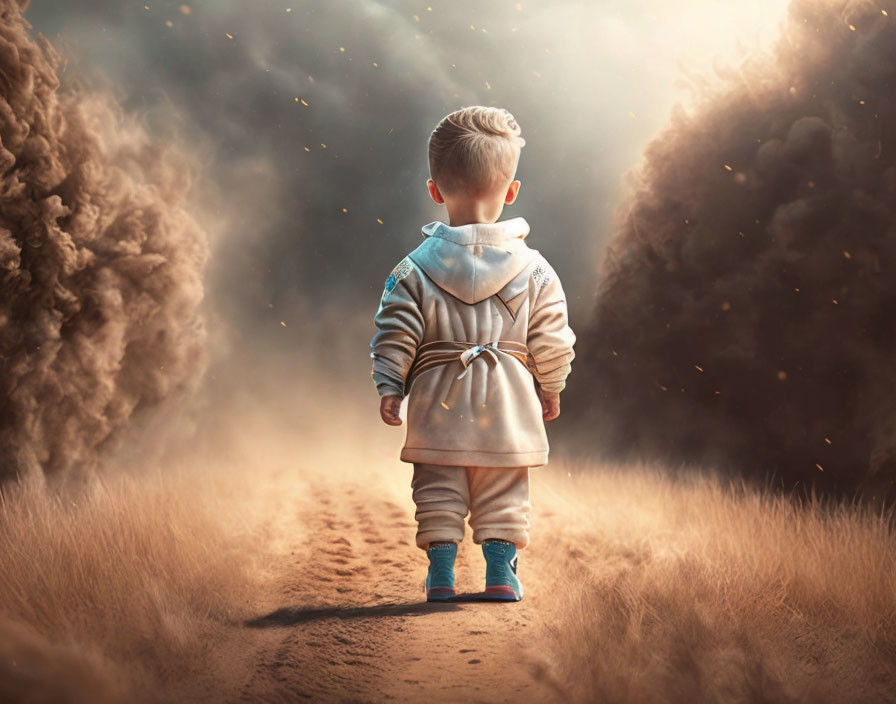 Toddler in hoodie walking on dusty path under dramatic sky