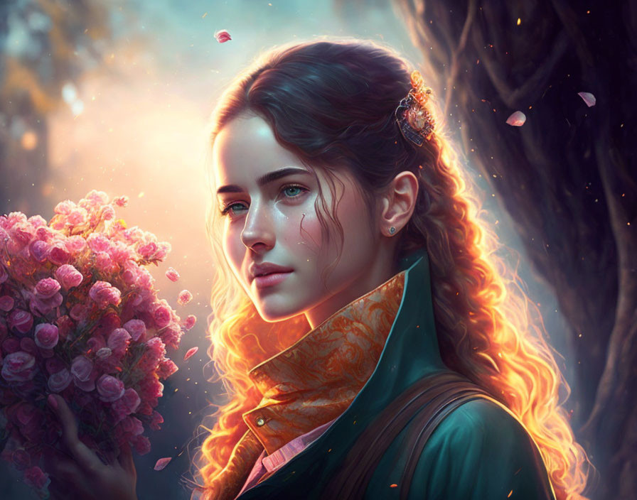 Digital art portrait of a woman with blue eyes holding pink flowers in a sunlit forest