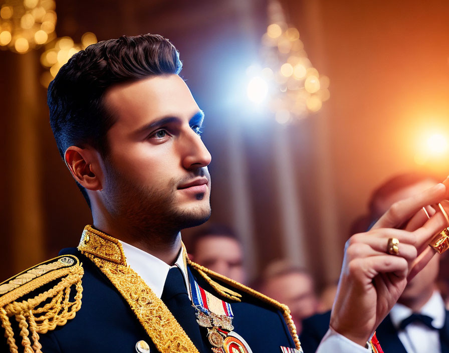 Decorated military man in golden epaulettes in grand hall