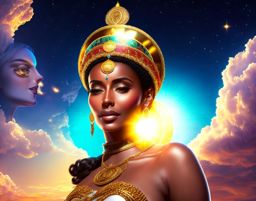 Elegant woman with golden headgear in starry sky setting