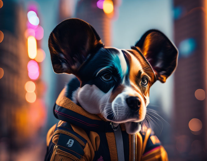 Dog Wearing Backpack Against Urban Background at Twilight