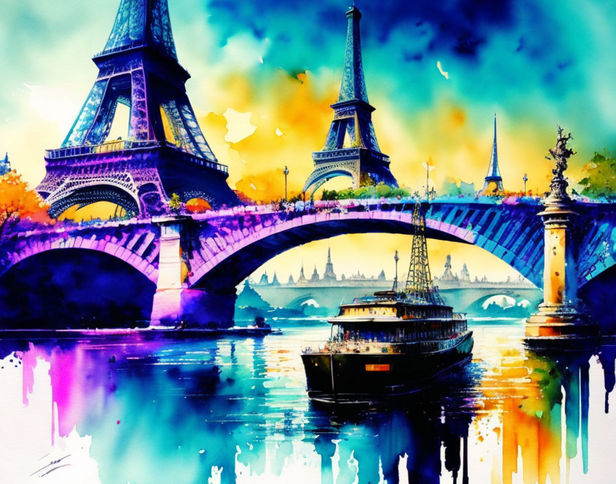 Colorful Watercolor Painting of Eiffel Tower and Parisian Bridge