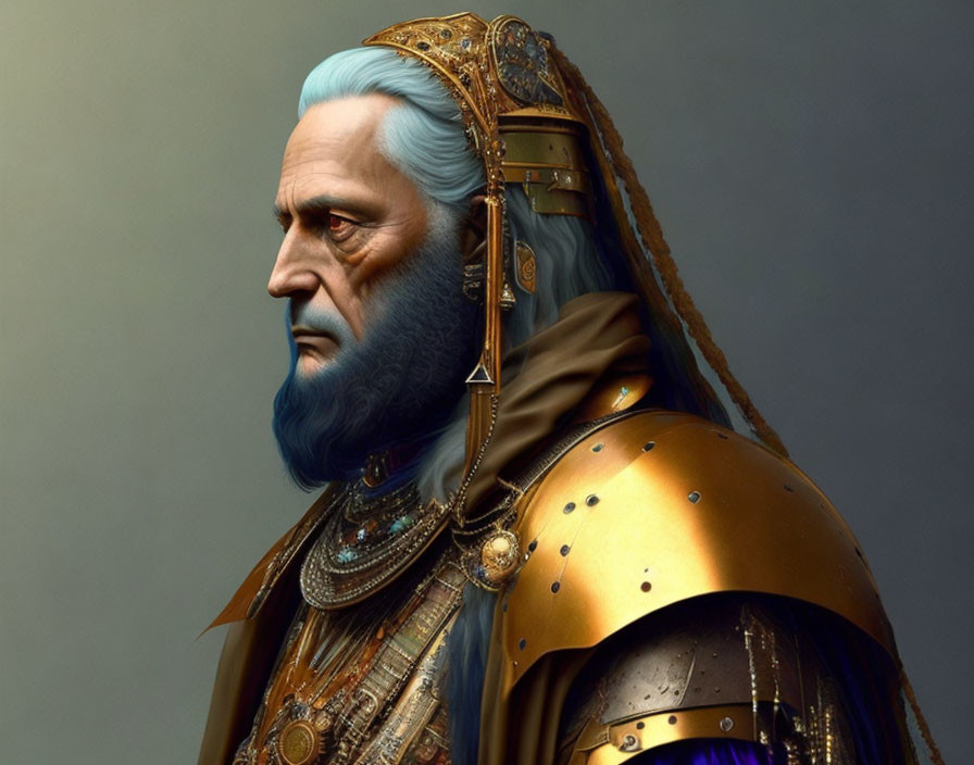 Royal bearded character in golden crown and armor on neutral background