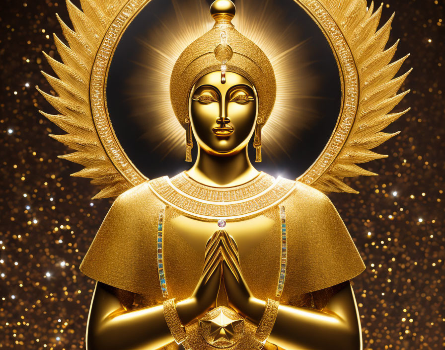 Golden statue of serene figure with prayer hands and radiant halo on sparkling background