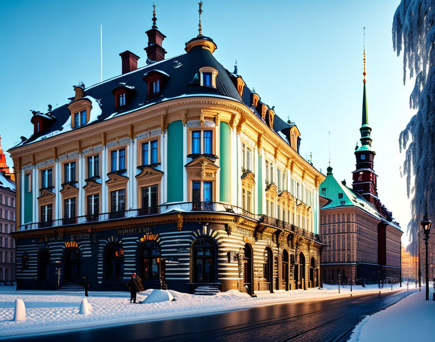 Green facade building with black-and-white stripes on snow-lined street with spire.