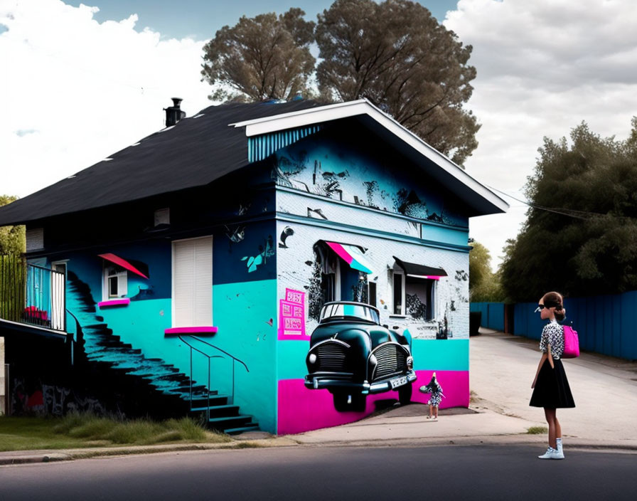 Vibrant blue and pink painted house with classic car graphic