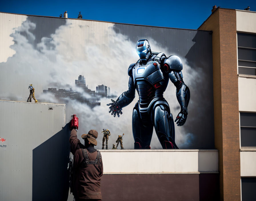 Urban mural features giant robot and rooftop figures.