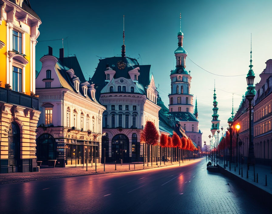 European City Street at Twilight with Historic Buildings