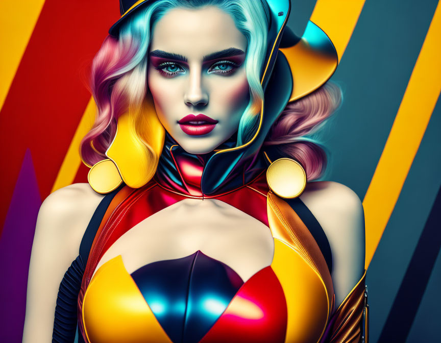 Colorful digital artwork of woman with blue eyes in futuristic outfit against abstract background