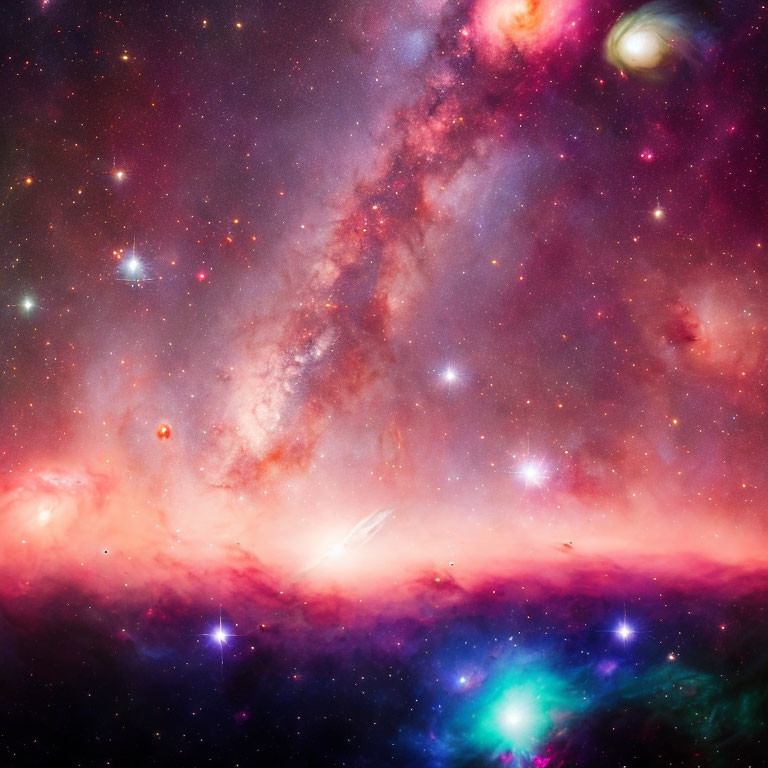 Colorful cosmic scene with pink and purple nebulae, stars, and galaxies in space