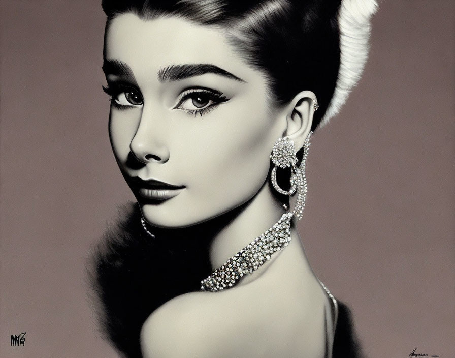 Monochromatic portrait of a woman with elegant accessories and styled hair