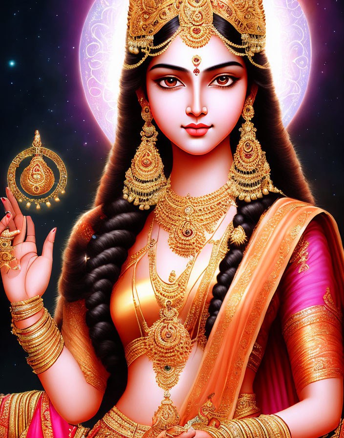 Traditional Indian adorned woman with celestial backdrop.