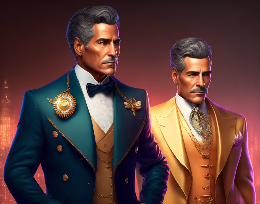 Colorful Formal Attire: Two Distinguished Gentlemen in Blue and Orange with Medals and Bro