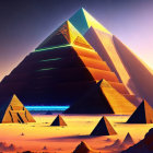 Futuristic pyramids with neon lines in desert twilight