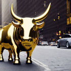 Prominent Golden Bull Statue with Large Horns on City Street