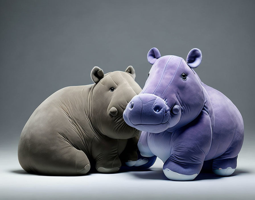 Two plush toy hippos, gray and purple, on gray background