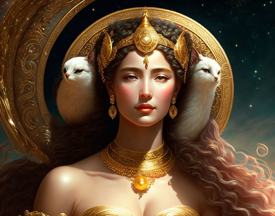 Regal woman with ornate headdress and white cats in cosmic setting