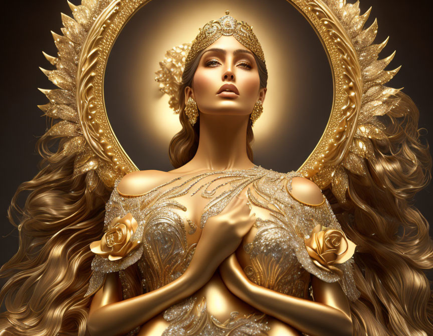 Regal woman with golden hair and halo in elegant pose