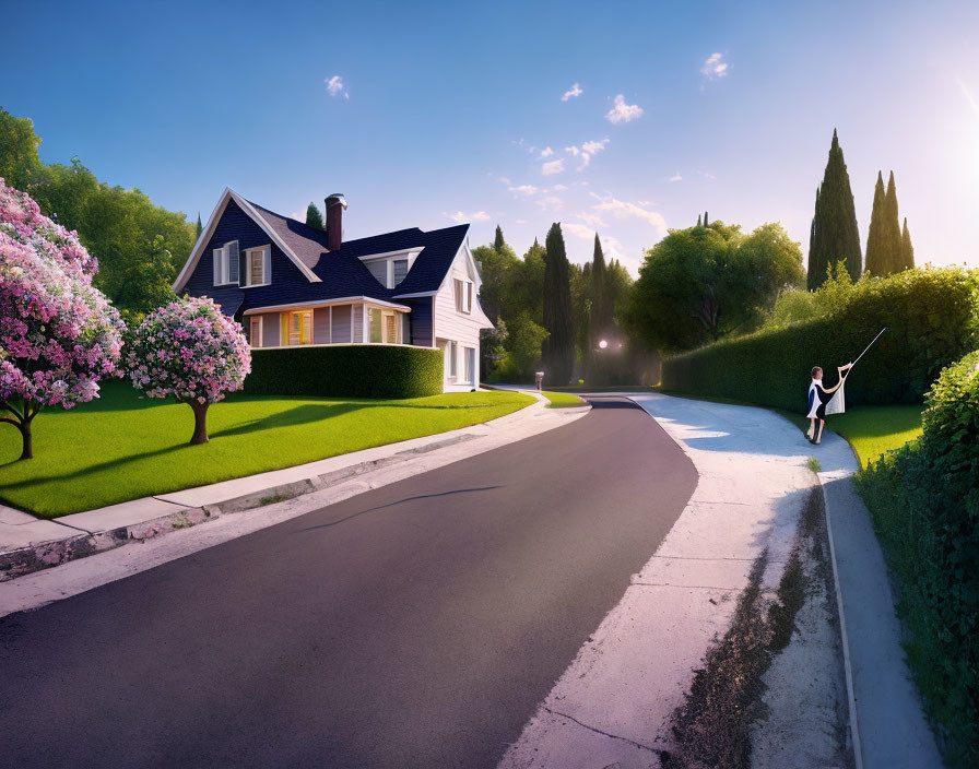 Suburban house with manicured lawn, blooming trees, and person fishing by roadside