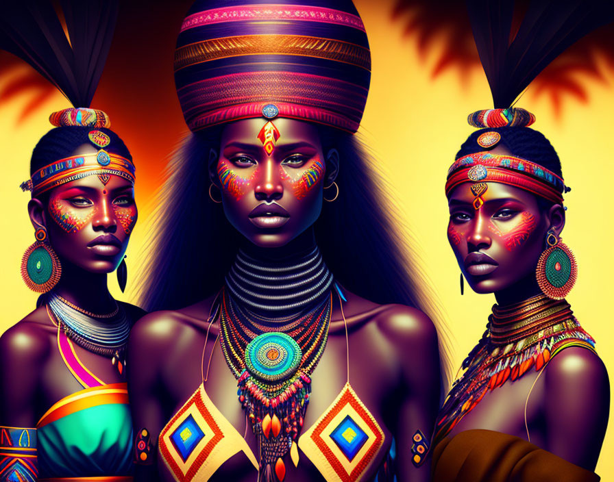 Three women in African tribal makeup and headdresses against vibrant sunset backdrop