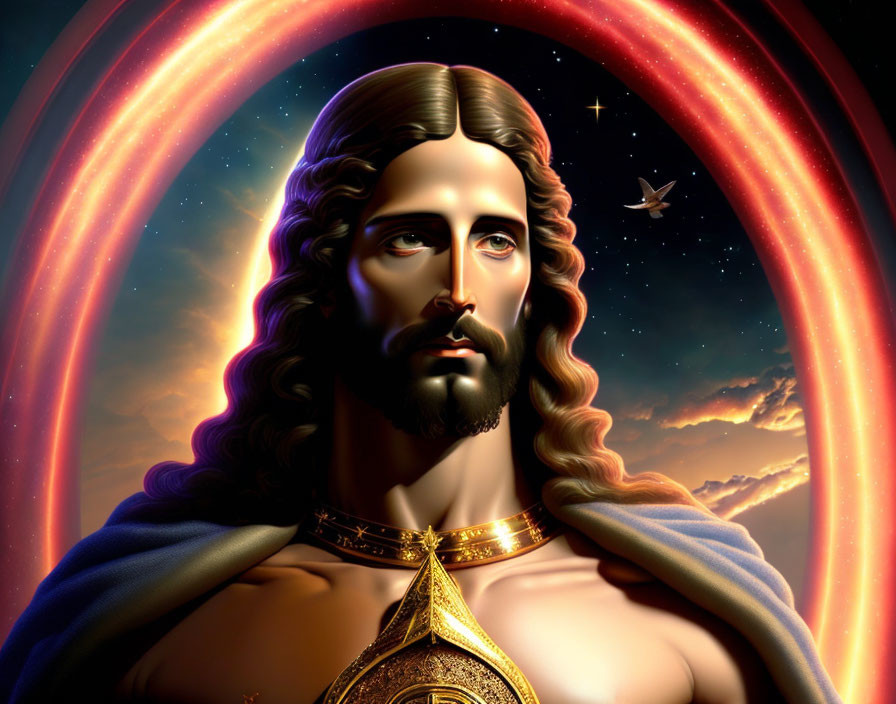 Stylized portrait of figure with long hair, beard, celestial background, dove, rainbow