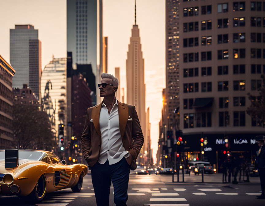 Man in Tan Jacket and Sunglasses with Yellow Sports Car in City Street at Sunset