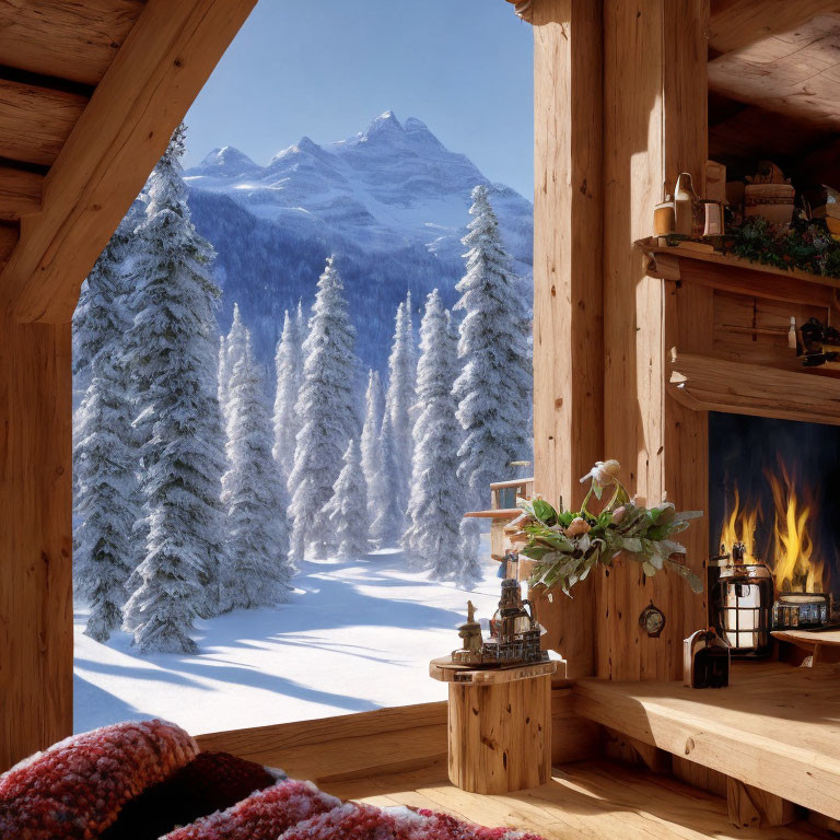 Snowy forest mountain view in cozy cabin interior