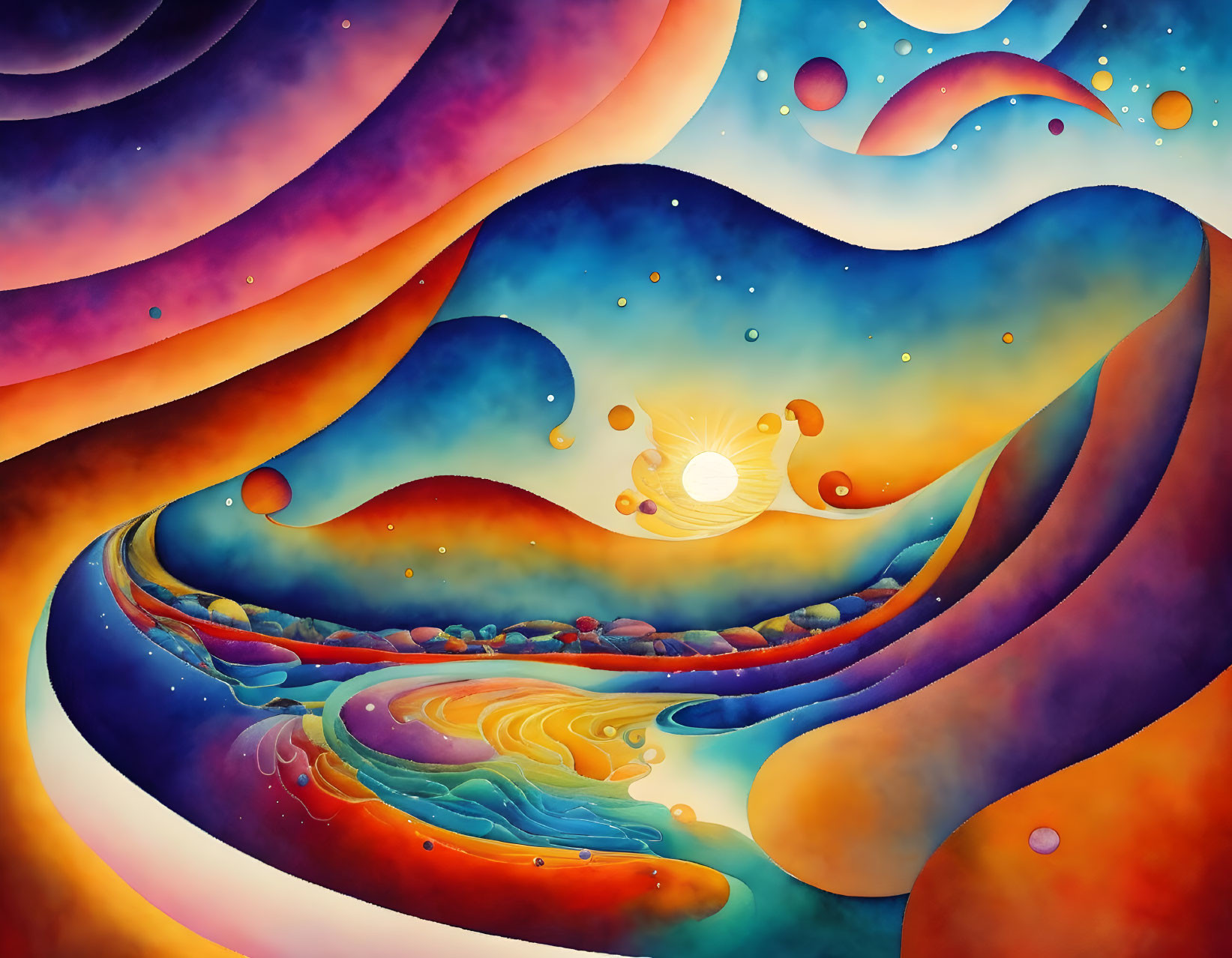 Colorful abstract artwork with swirling patterns in surreal landscape