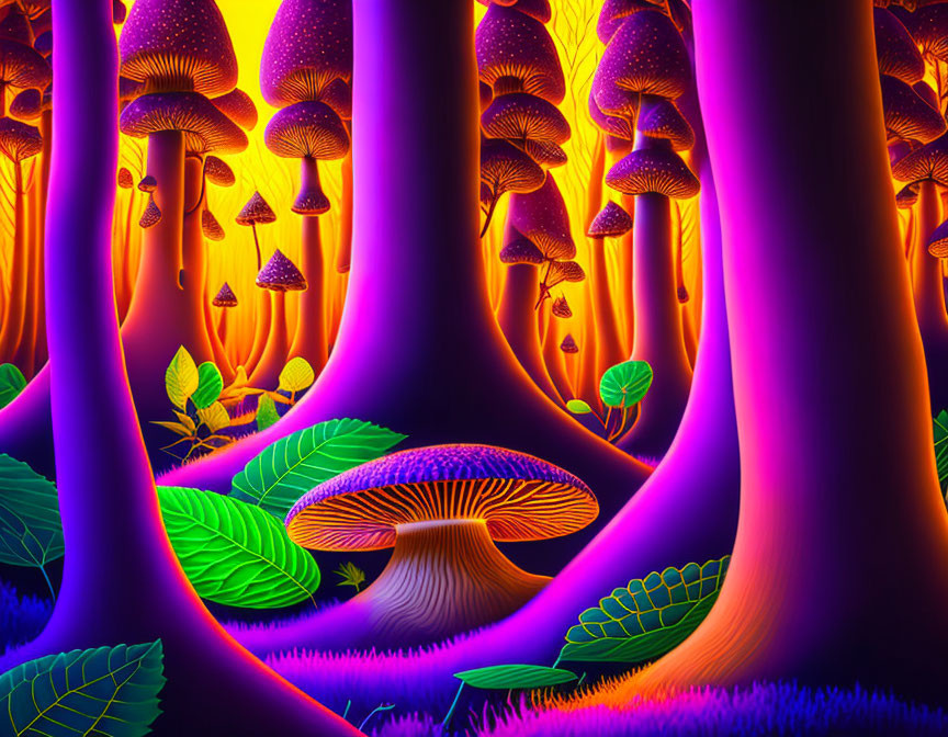 Colorful Digital Artwork: Enchanted Forest with Glowing Mushrooms and Neon Trees