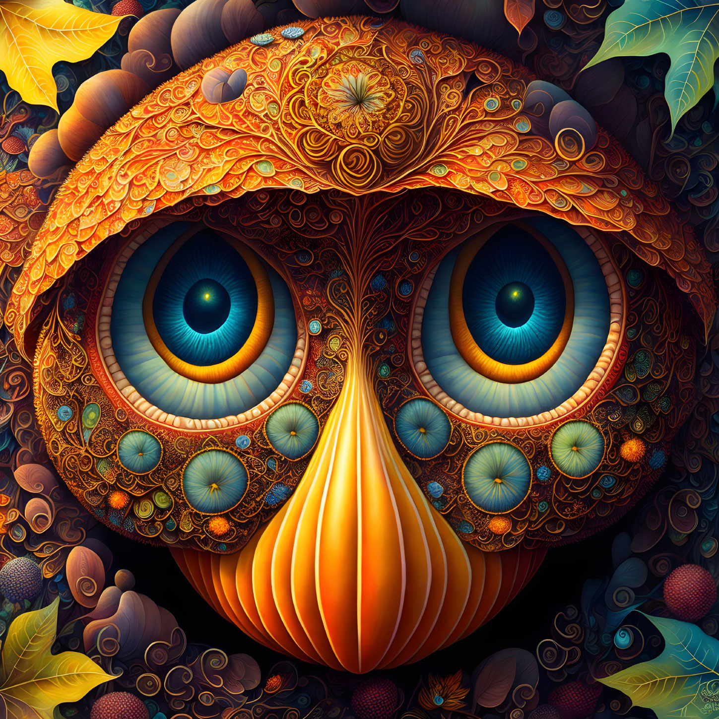 Colorful surreal owl face illustration with intricate patterns and large blue eyes.