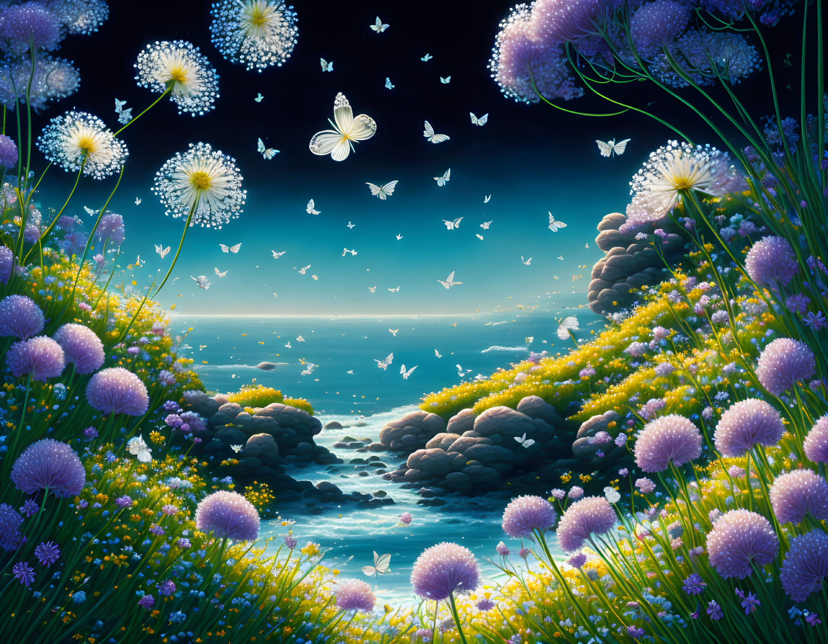 Colorful landscape with flowers, butterflies, ocean, and night sky
