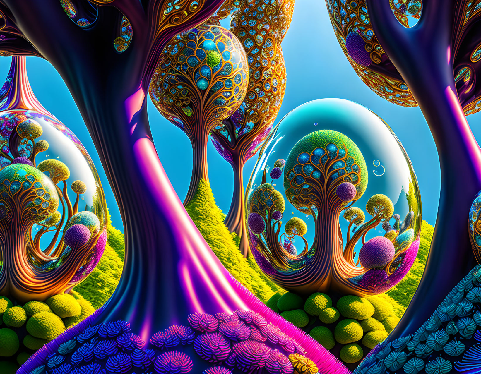 Colorful Fractal Landscape with Psychedelic Trees and Reflective Spheres