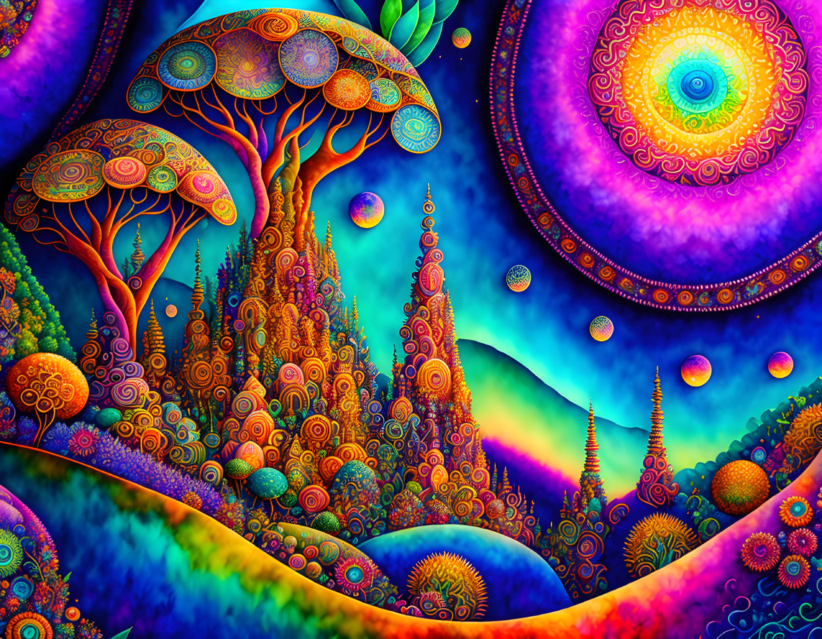 Colorful Psychedelic Landscape with Luminous Trees and Mandala