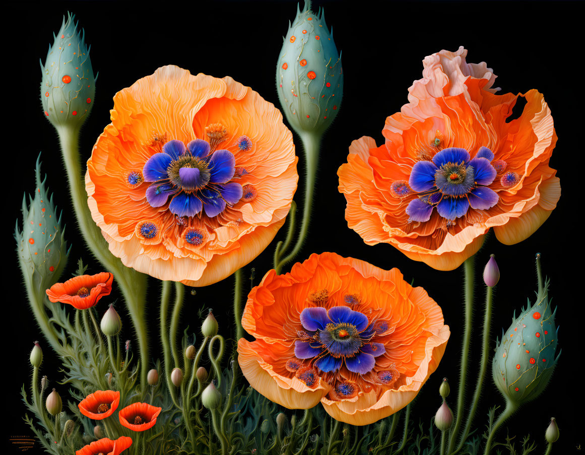 Colorful orange poppies with blue centers on black background